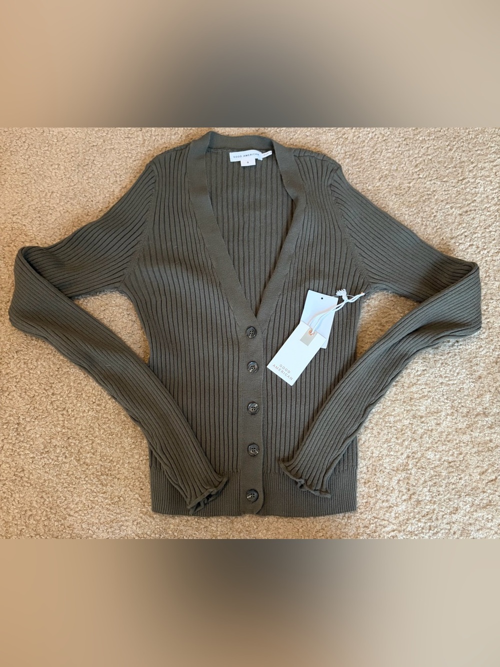 Good American Olive Ribbed V-Neck Button-Up Cardigan